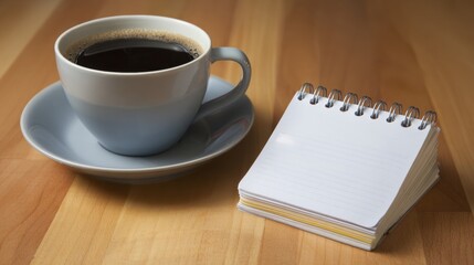 Cup of black coffee placed beside thick spiral notebook on wooden table. Simple workspace arrangement for writing notes, organizing tasks or planning day