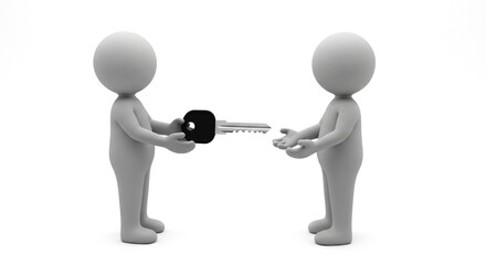 3d stick figure handing over a key to another stick figure render