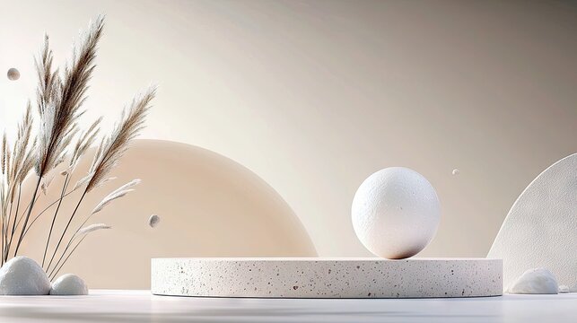 A serene and minimalist composition with natural elements and geometric shapes in soft, neutral colors.