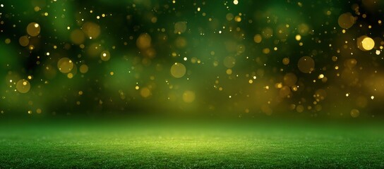 Abstract green background with golden bokeh lights creating magical warm atmosphere for design decoration