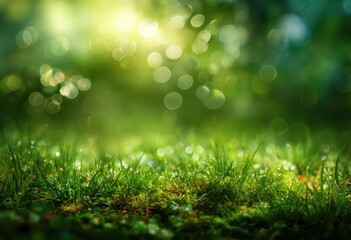 Obraz premium Beautiful morning meadow with fresh green grass and sparkling dew drops. Warm golden sunlight creating magical bokeh effects.