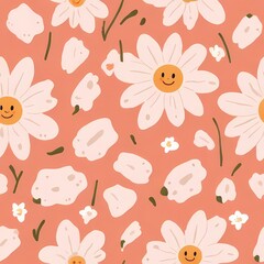 Cute smiling daisy seamless pattern on peach background