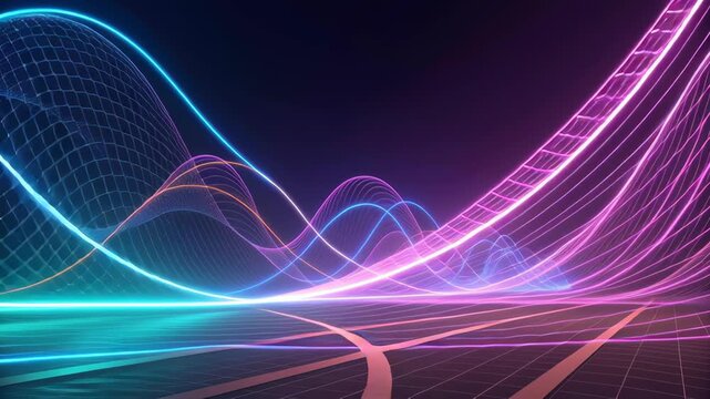 Neon wave landscape light trail digital grid futuristic curve glowing ribbon luminous line abstract signal motion glow neon waveform lines flowing