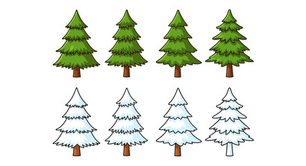 Obraz premium Eight cartoon pine trees arranged in two rows, the top row is green and the bottom row is covered in snow.