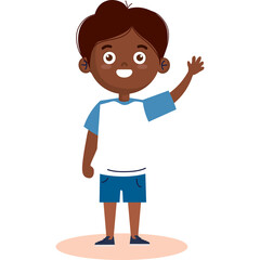 Joyful young boy with brown skin and short dark hair wearing a blue and white t shirt and blue shorts waves hello with a wide smile and friendly expression against a clean white background with light