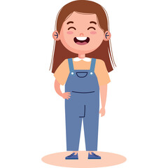 Joyful young girl with brown hair wearing blue overalls and a yellow shirt smiles broadly with closed eyes and rosy cheeks against a clean white background perfect for illustrations and design