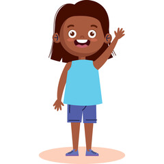 Joyful Young Girl With Dark Skin And Brown Hair Waving Hello In A Blue Tank Top And Blue Shorts On A Transparent Background