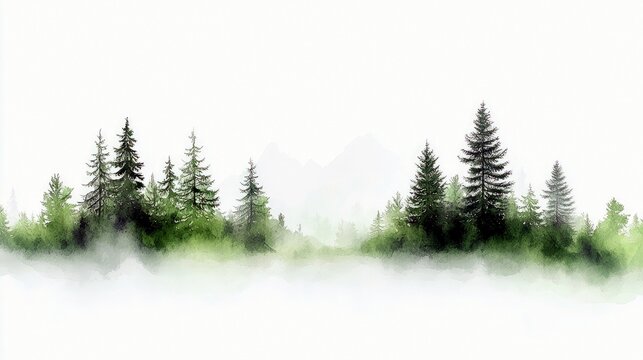 A serene forest scene with tall evergreen trees shrouded in soft, white mist.
