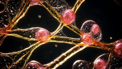 Microscopic organic network with glowing golden fibers and pink spherical nodes illustrating biological connections