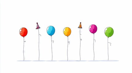 A line of seven colorful balloons and two party hats are displayed against a stark white background.