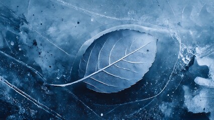 Frozen leaf trapped inside cracked blue ice with detailed frost patterns ideal for winter nature backgrounds
