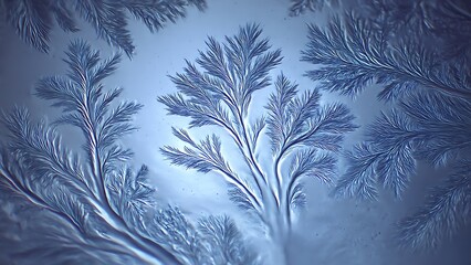 Intricate frost branches forming natural crystalline patterns in cool blue tones ideal for winter abstract backgrounds