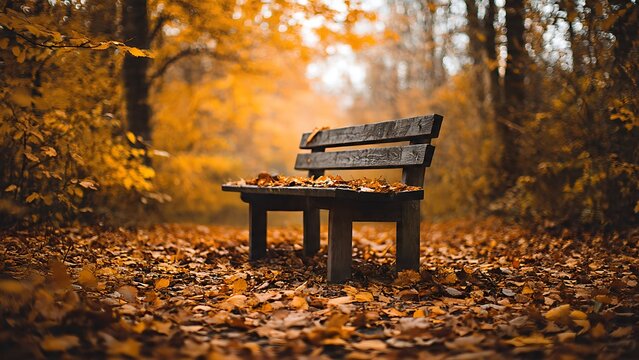 Wooden bench surrounded by fallen autumn leaves in forest pathway ideal for seasonal nature and travel visuals - Powered by Adobe