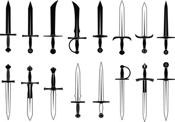 Collection of various historical swords and daggers silhouettes, featuring different blades, handles, and crossguards, perfect for medieval, fantasy, and ancient 