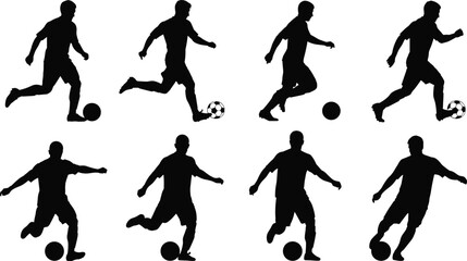 Collection of soccer players silhouettes in various dynamic poses, dribbling, running, and kicking the football, ideal for sports, competition, and athletic activity designs, isolated on white.
