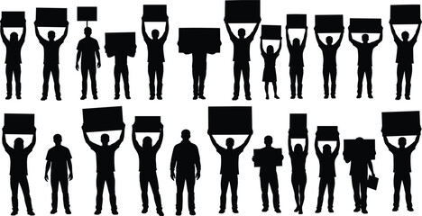 Crowd of protesters and demonstrators silhouettes holding blank signs and banners overhead, symbolizing protest, activism, social movement, and public demonstration concepts, isolated on white.
