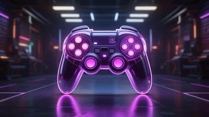 Neon Illuminated Game Controller in Cyberpunk Corridor with Purple and Orange Accents - Powered by Adobe