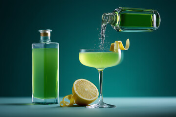 Pouring a vibrant green cocktail into a glass with lemon twist, creating an elegant, refreshing drink perfect for summer parties and upscale events