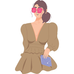 Stylish Woman Wearing Pink Sunglasses and a Brown V Neck Dress Holding a Blue Envelope with a Confident Expression