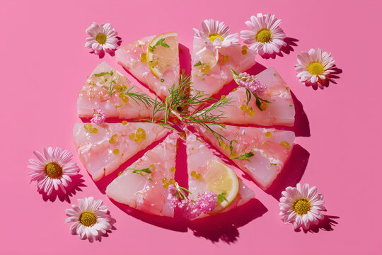 Delicious shrimp pizza slices with fresh lemon and delicate florals on vibrant pink, perfect for summer menus and trendy food blog posts