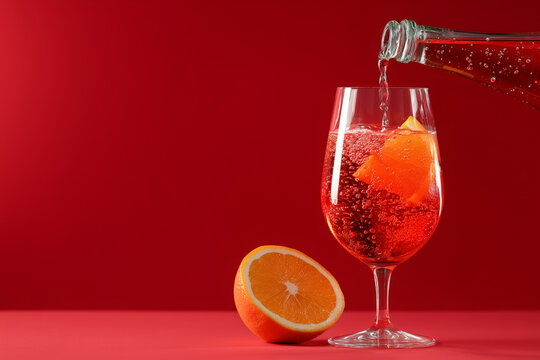 Pouring vibrant Aperol spritz with orange slice on striking red backdrop, perfect for summer cocktails and refreshing beverages promotions