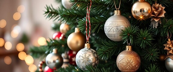 Sparkling silver and gold ornaments adorn a lush green Christmas tree,  winter,  festive decor