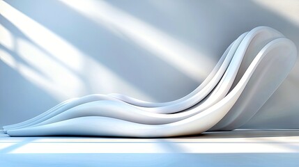 Obraz premium A modern, abstract white sculptural chaise lounge with flowing curves, bathed in soft light and shadow.
