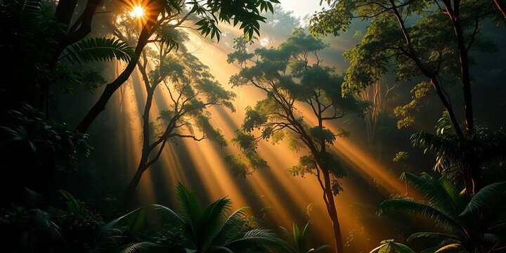Misty rainforest at dawn, sunlight filtering through dense canopy, vegetation, light