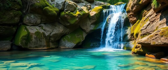 Fototapeta premium Crystal-clear waterfall cascading over moss-covered rocks into a pristine pool, flow, landscape