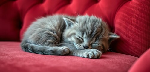 Fluffy grey kitten curled asleep on a plush velvet couch, small, couch