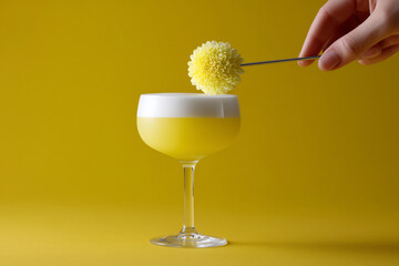 Vibrant yellow cocktail, a refreshing summer drink elegantly garnished with a beautiful flower, perfect for upscale bars and beverage promotions