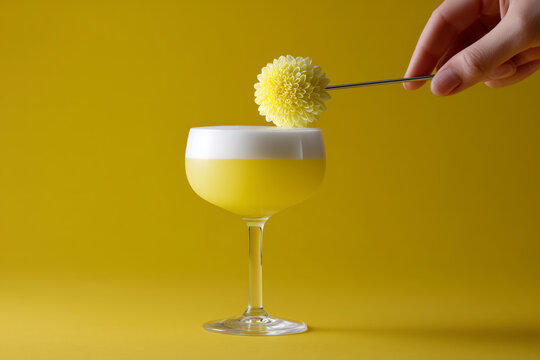 Vibrant yellow cocktail, a refreshing summer drink elegantly garnished with a beautiful flower, perfect for upscale bars and beverage promotions