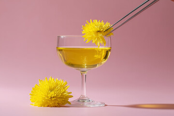 Elegant wine glass with golden drink and vibrant yellow flower garnish - perfect for cocktail hour promotions or spa aesthetic designs