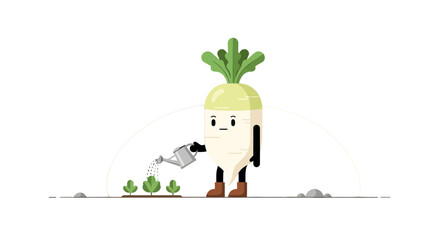 A Whimsical Turnip Cartoon Character Tenderly Watering Seedlings On Black Background