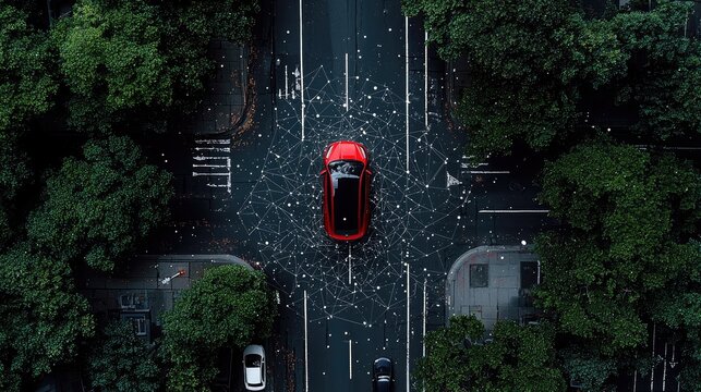 An overhead drone shot captures a red car at a crossroads, overlaid with a digital network, suggesting connectivity and smart technology in urban environments.