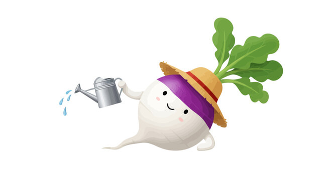 A Smiling Radish Character Watering Plants with Joyful Enthusiasm on Black Background