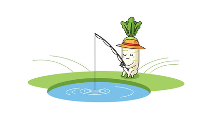 A Smiling Vegetable Character Leisurely Fishing at the Calm Pond in a Colorful Cartoon