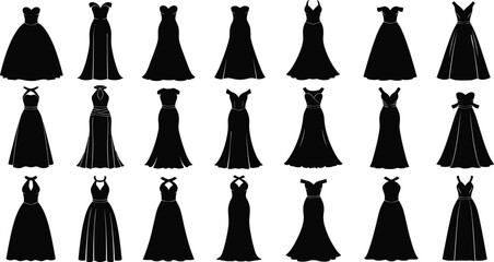 Collection of various evening and wedding dress silhouettes vector illustration, set of elegant women's gowns in different styles for fashion design, apparel, and formal wear concepts.
