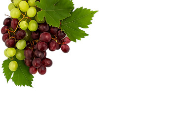 A bunch of red and green grapes with leaves, isolated on transparent background
