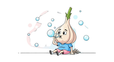 Fototapeta premium A Whimsical Illustration Of A Smiling Garlic Character Blowing Soap Bubbles Delightfully