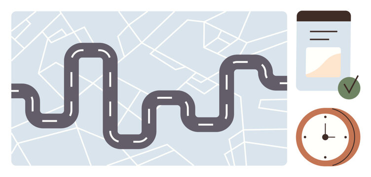 Curved road over map background with a document, completed checklist, and timer. Ideal for navigation, journey, planning, time management, goals, strategy progress tracking simple flat metaphor