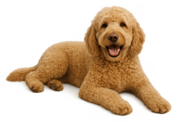 Happy goldendoodle puppy lying down, looking at camera and panting, transparent background