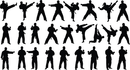 Extensive collection of martial arts silhouettes, featuring fighters in various dynamic karate and taekwondo combat poses, perfect for sports, self-