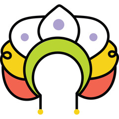 Stylized Abstract Headwear Ornament with Floral Petal Shapes and Geometric Crescent in Vibrant Yellow Coral Green and Purple Accents on Transparent Background