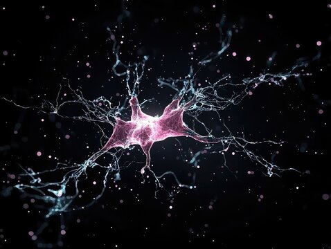 A detailed view of a pink neuron, showcasing its intricate structure with branching dendrites and axons, set against a dark, speckled background.