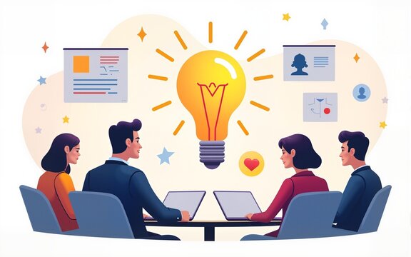 Business meeting and brainstorming. Idea and business concept for teamwork. Vector illustration infographic template with people, team, light bulb and icon.Print. High quality