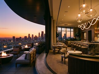Luxury rooftop bar with stunning city views at sunset offers an exclusive social experience for upscale dining and memorable evenings in style and comfort