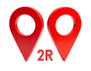 Two red map pins with 2R in between
