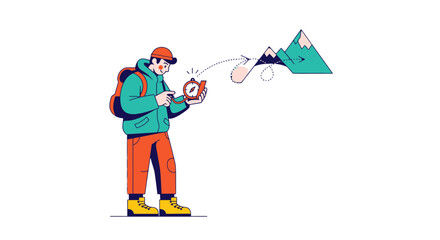 Fototapeta premium Adventurous Explorer Utilizes Compass to Navigate Mountainous Terrain Against Black Background