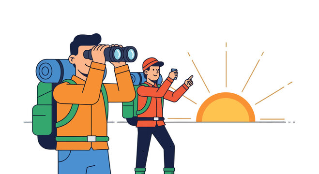 Adventurous Explorers Observing Sunset, Journey, Discovery, Nature, And Togetherness